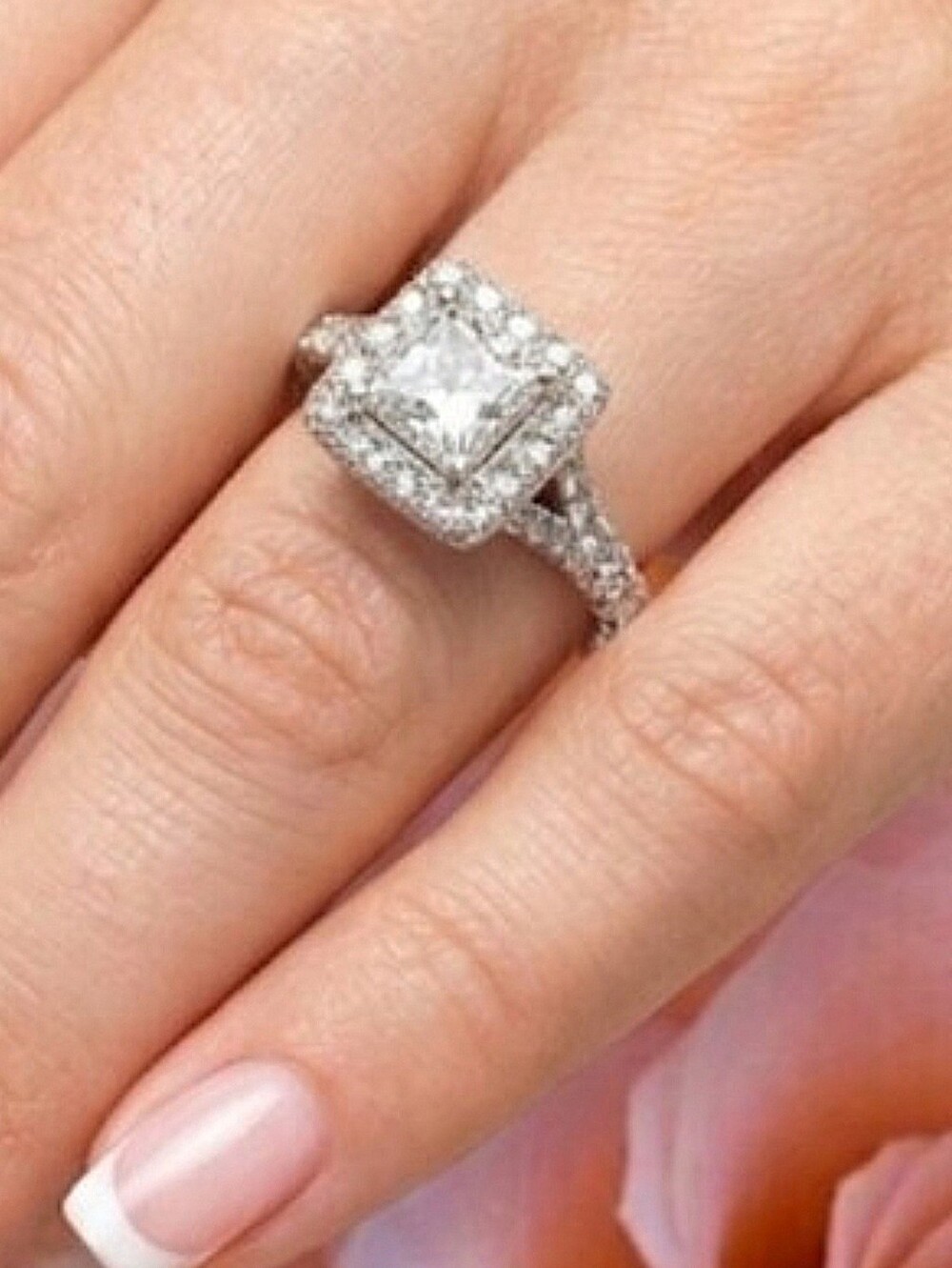 925 Sterling Silver Square 4 Center Stone Halo CZ Engagement Ring - White Sz 8